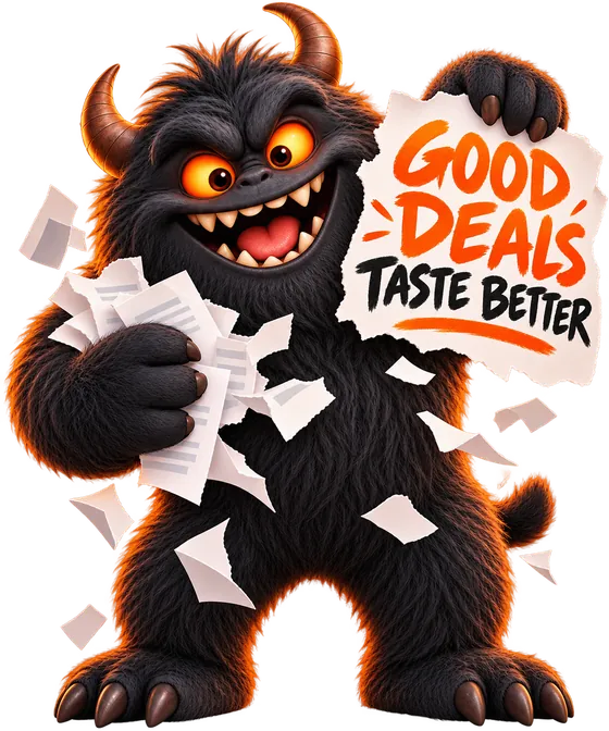 The Beast holding a sign: good deals taste better